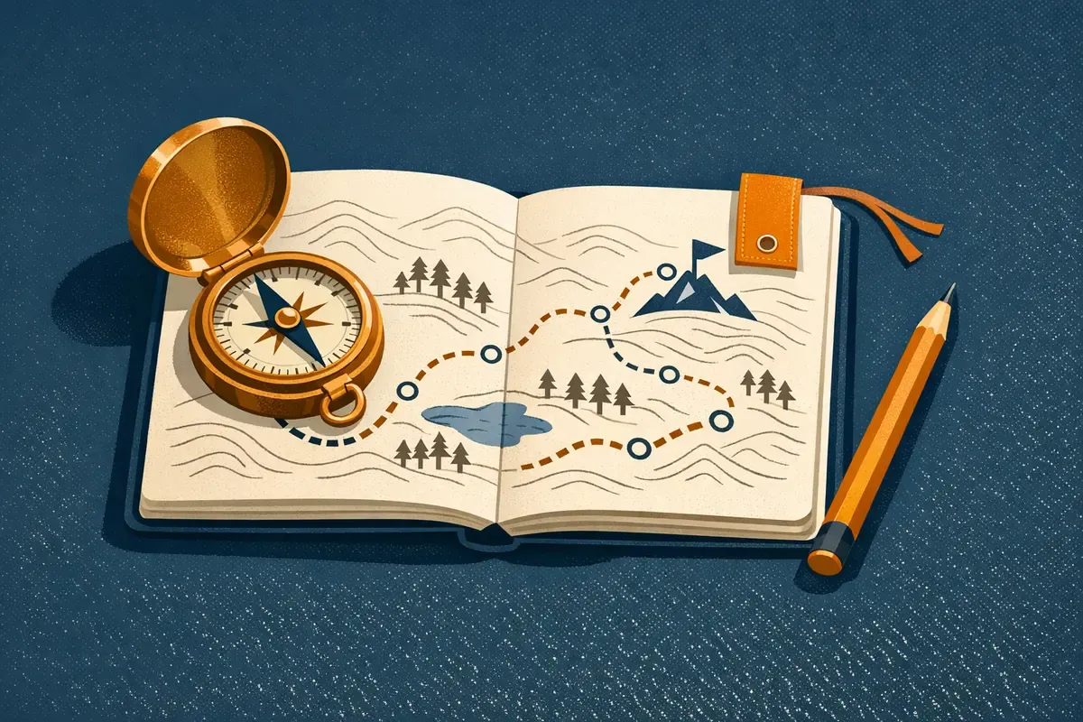 Carnet de route éducatif : boussole, carte et cahier de notes