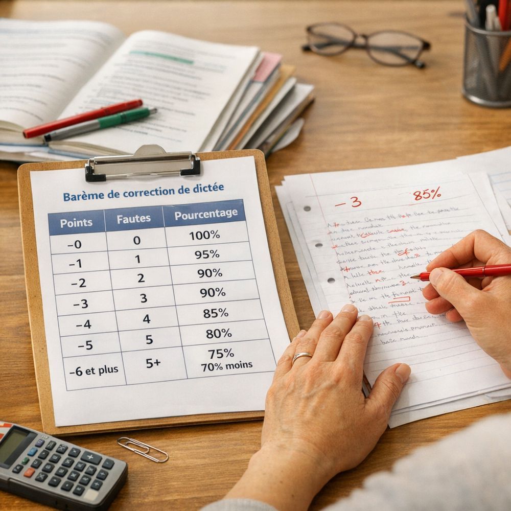 Barème de correction de dictée&nbsp; : points, fautes et pourcentage